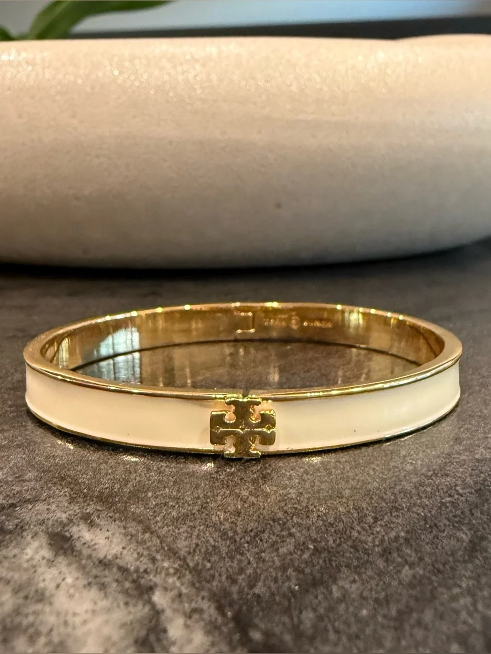 Tory Burch White Enamel Logo Hinge Bangle Bracelet